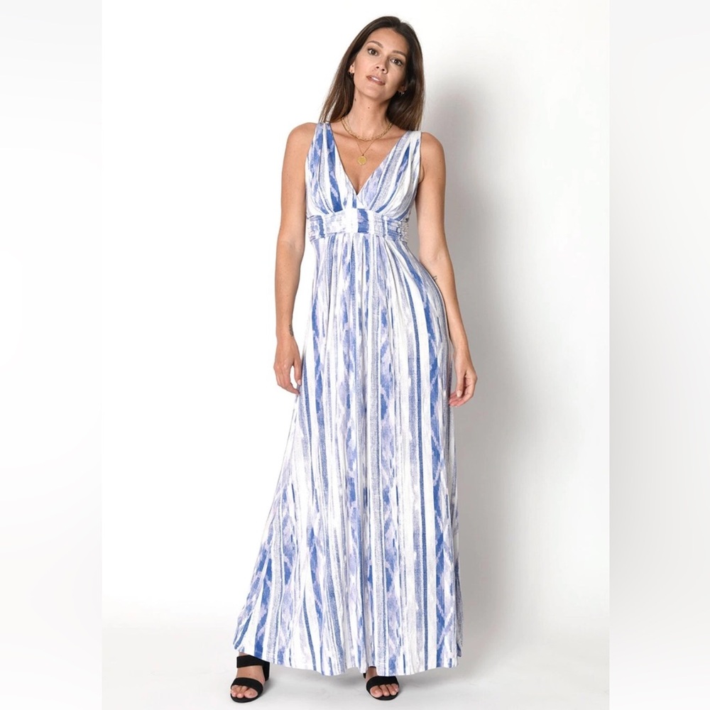 TART Collections 'Adrianna' Ikat Blue Stripe Maxi Dress - Sz M NWT
